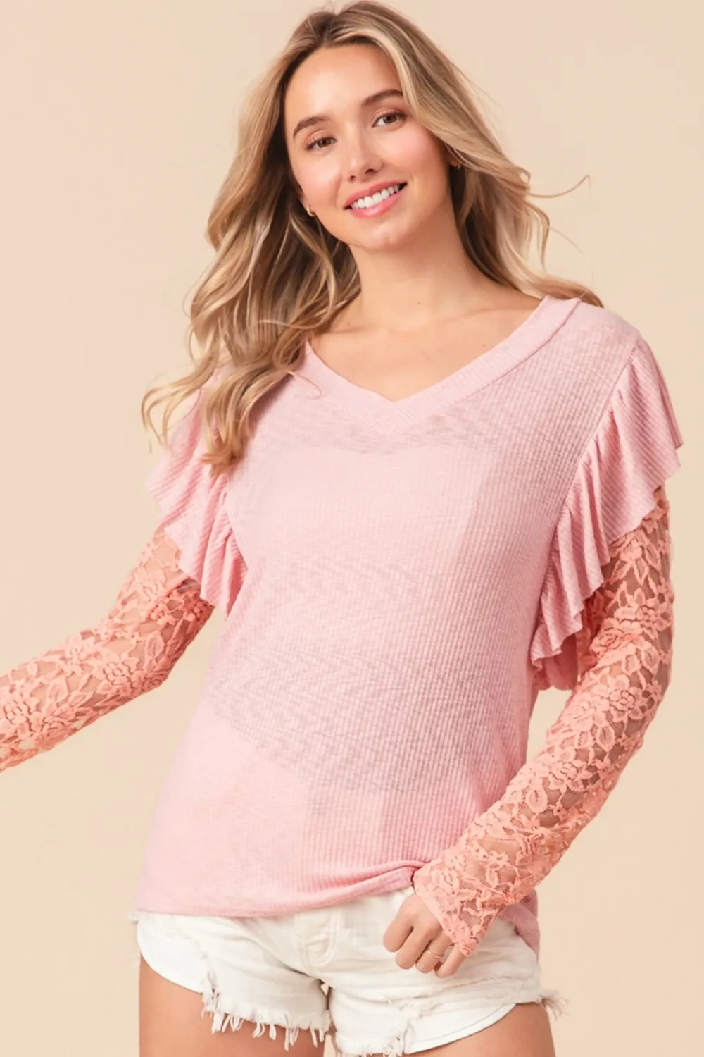 Ruffled Lace Sleeve Rib Knit Top, image 4