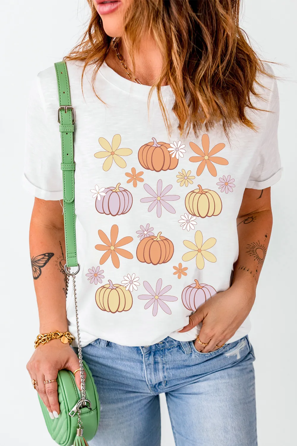 Pumpkin & Flower Round Neck Short Sleeve T-Shirt, image 4