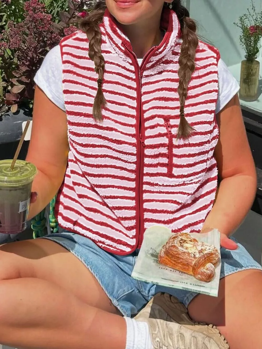 Striped Fleece Zip-Up Vest Coat, image 8
