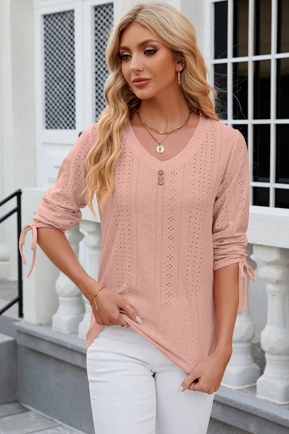 Eyelet Drawstring V-Neck Half Sleeve T-Shirt, image 10