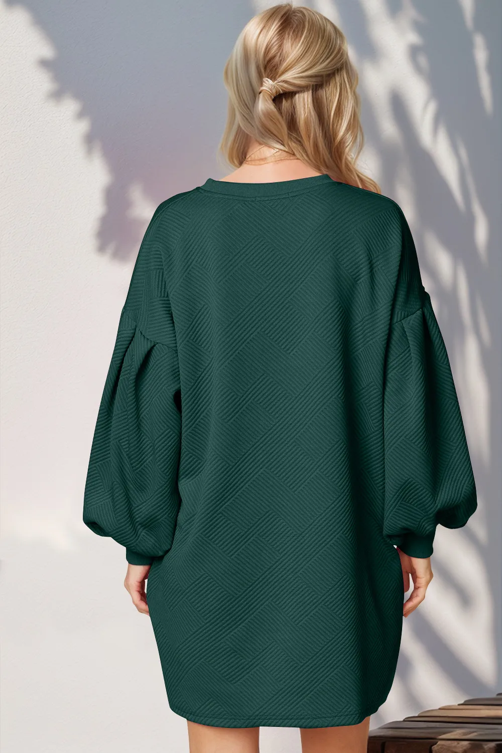 Drop Shoulder Lantern Sleeve Texture Mini Dress with Pockets, image 2