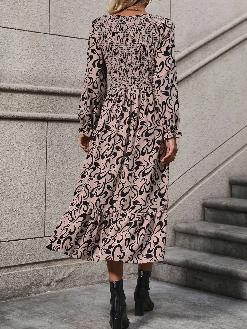 Printed V-Neck Long Sleeve Midi Dress, image 2