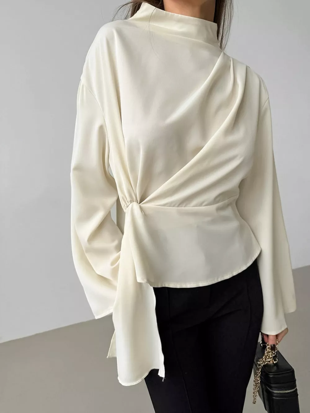Ruched Mock Neck Long Sleeve Blosue, image 4