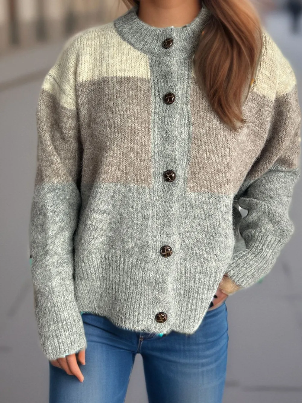 Color Block Round Neck Button Up Cardigan, image 14