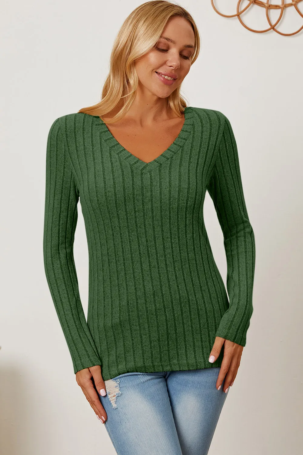Full Size Ribbed V-Neck Long Sleeve T-Shirt, image 23