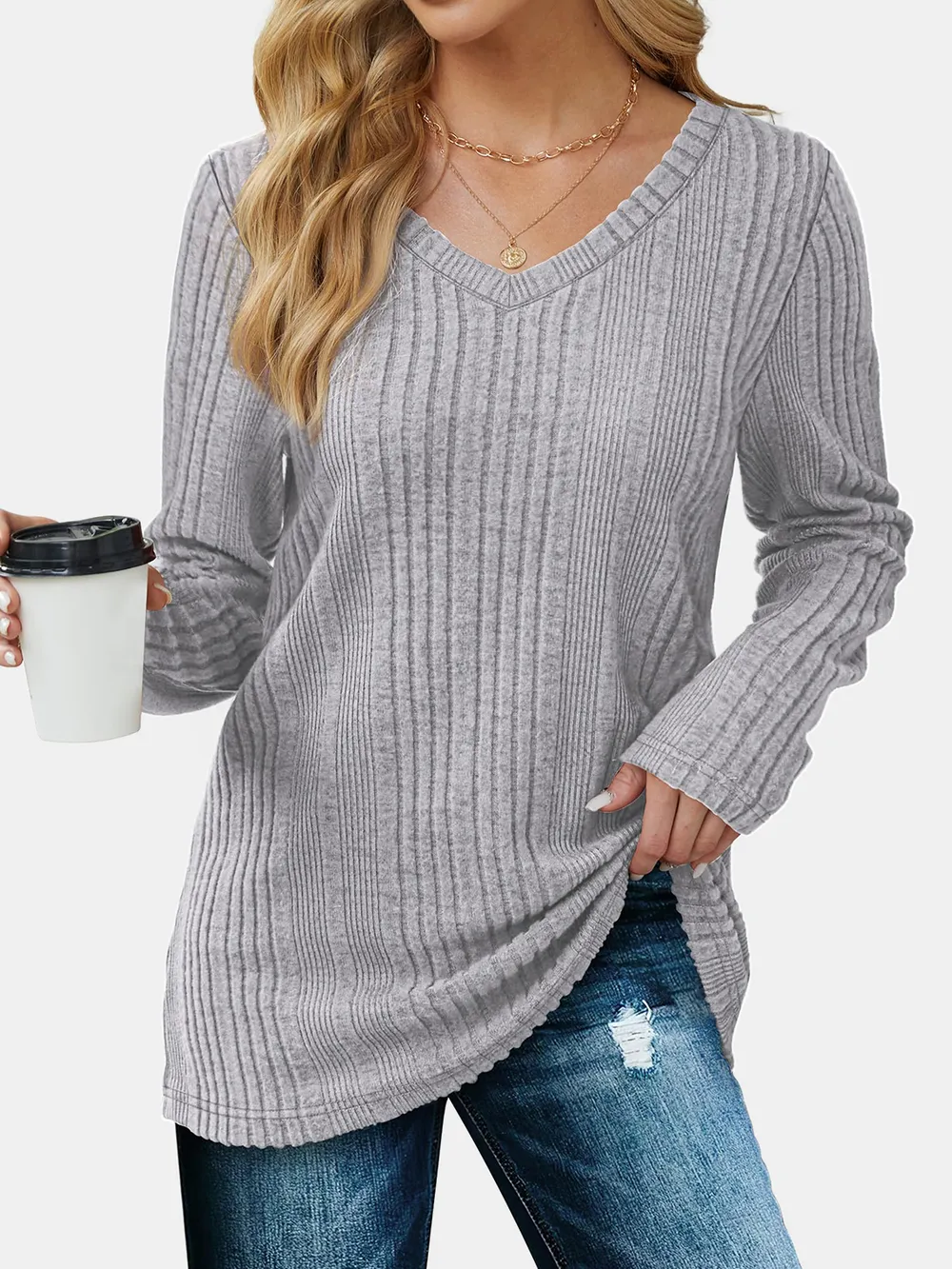 V-Neck Long Sleeve T-Shirt, image 9