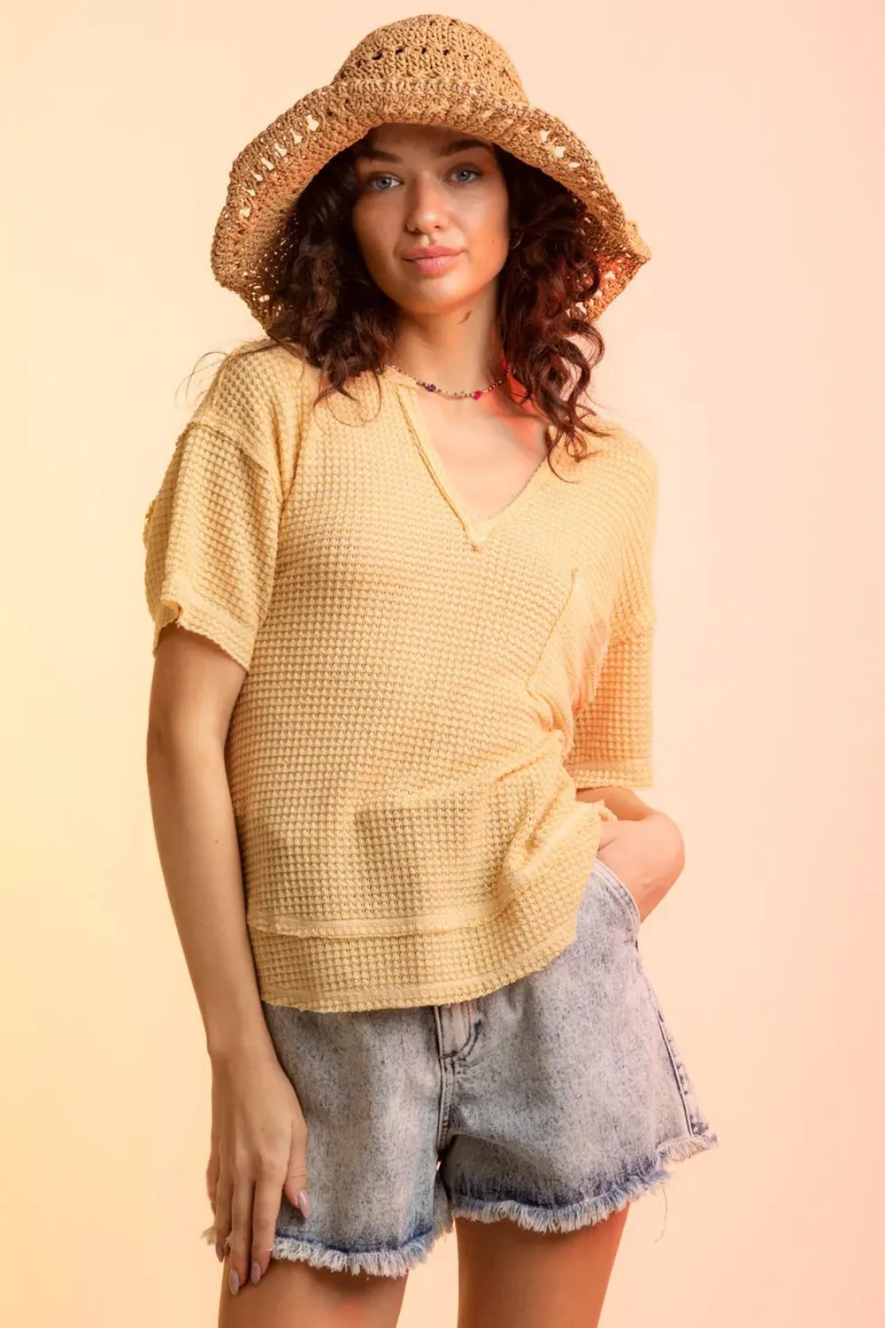 Waffle-Knit Notched Half Sleeve T-Shirt, image 8