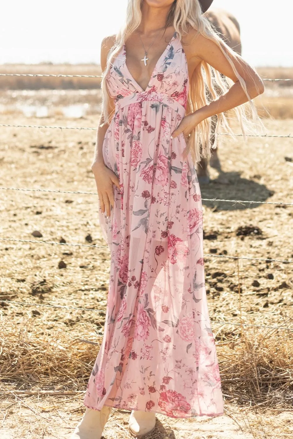 Floral Pleated Deep V Backless Maxi Dress, image 10