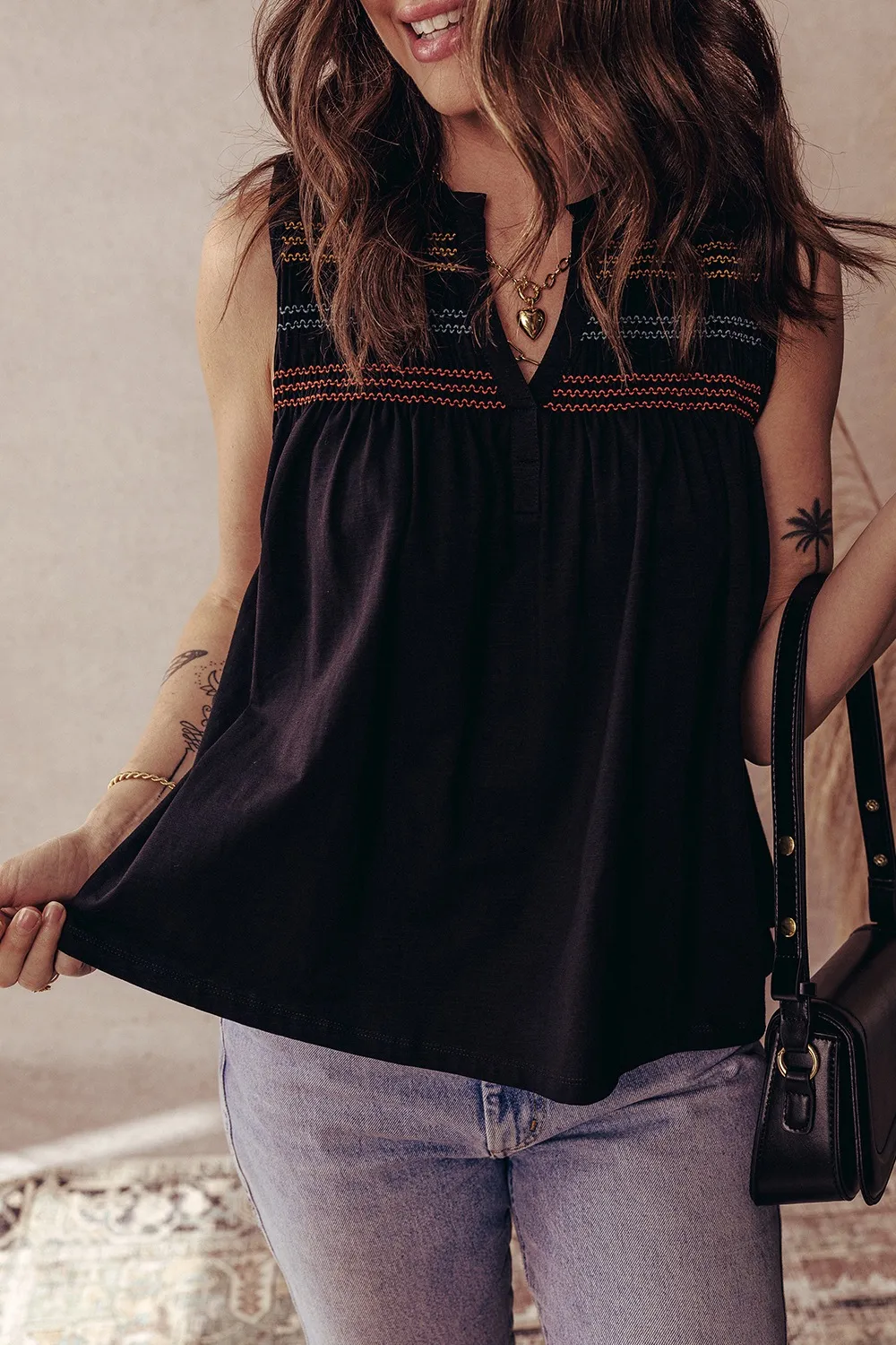 Boho Embroidered Sleeveless V-Neck Blouse, image 6
