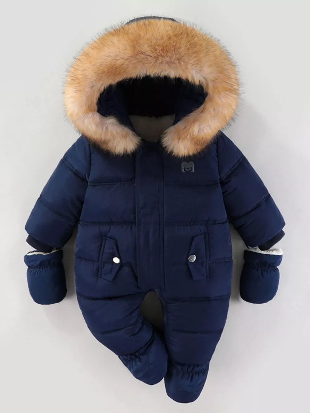 Children's Warm Padded One-Piece Snowsuit with Fur Hood, image 19