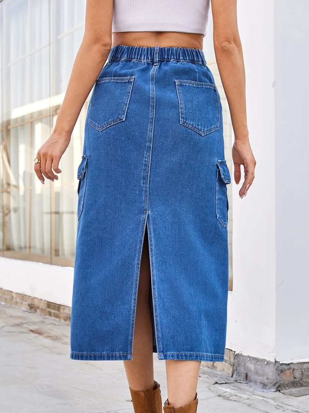 Slit Midi Denim Skirt with Pockets, image 3