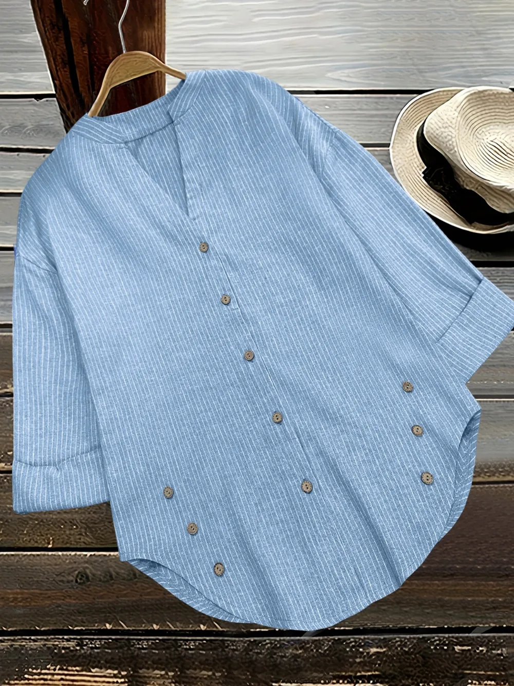 Striped Notched Long Sleeve Blouse, image 3