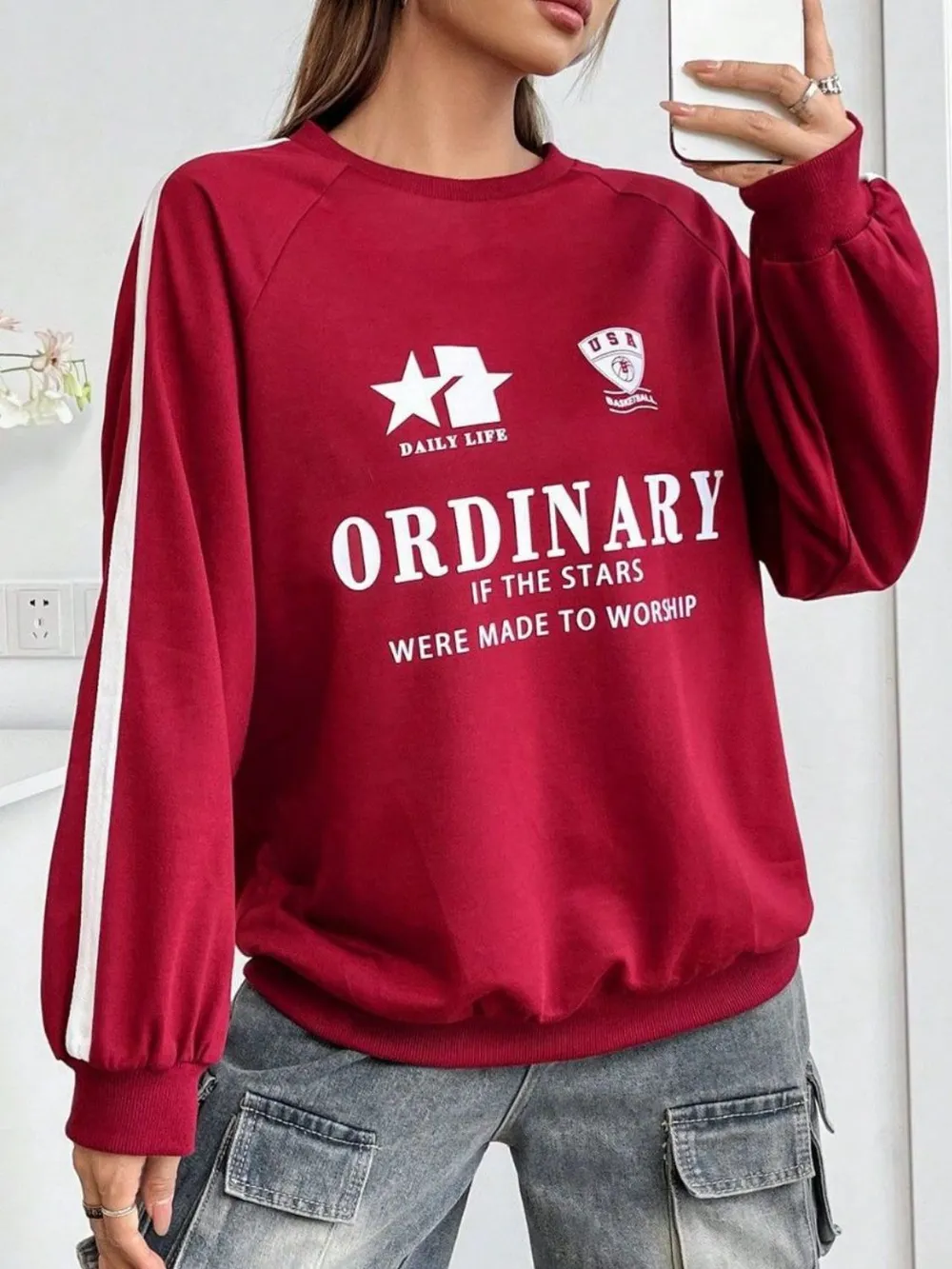 Letter Graphic Round Neck Long Sleeve Sweatshirt, image 3