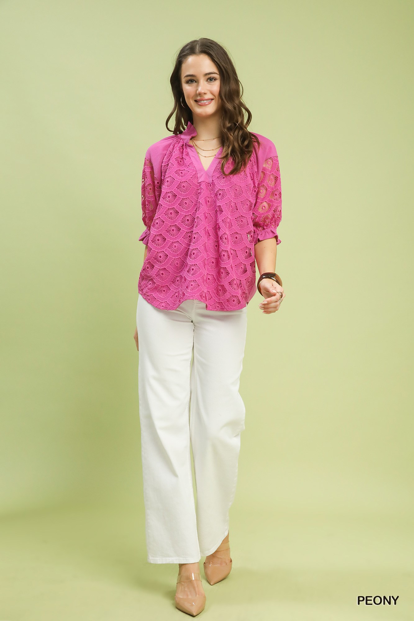 Linen V-Neck Lace Puff Sleeve Top, image 4