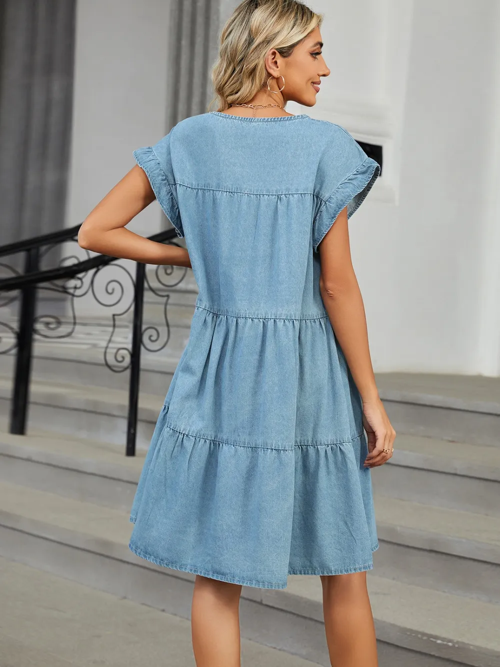 Tiered Round Neck Short Sleeve Denim Dress, image 6