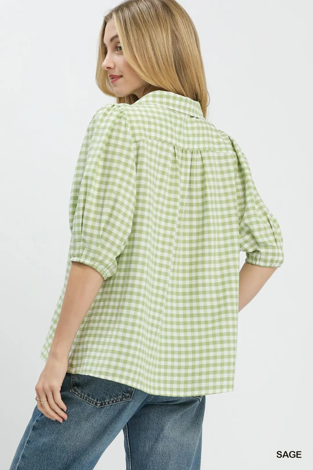 Gingham Puff Sleeve Collared Blouse, image 3