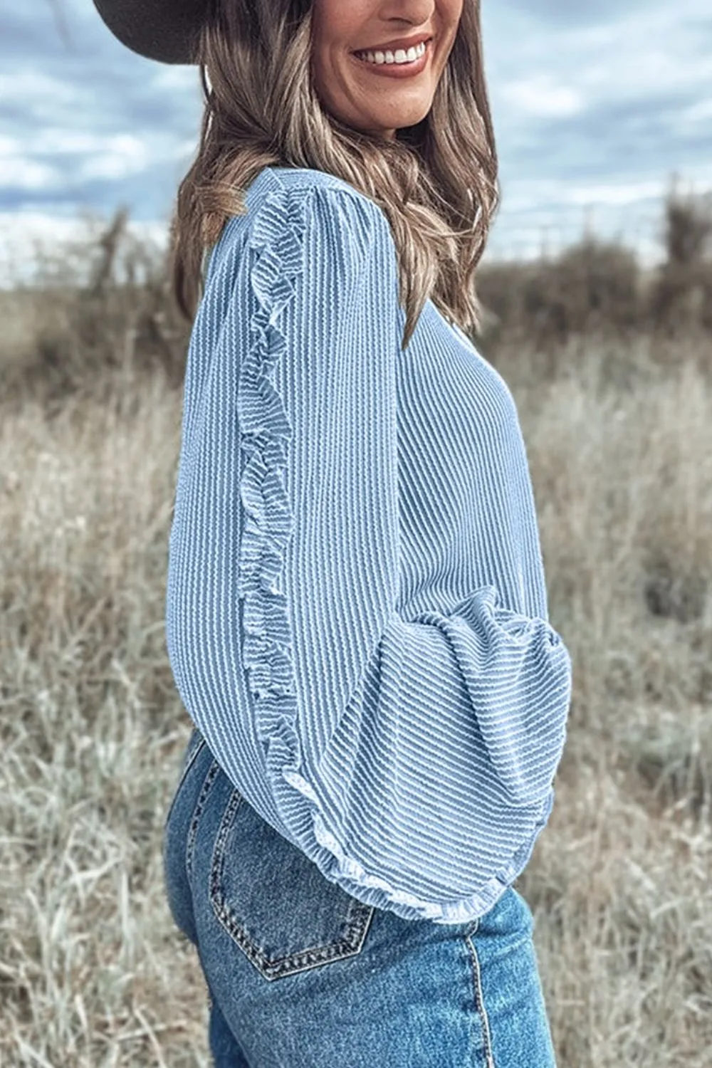 Frill Texture Round Neck Long Sleeve Sweatshirt, image 6