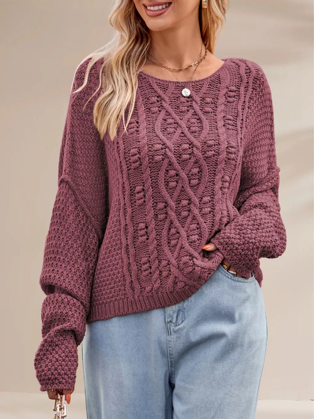Textured Knit Round Neck Sweater, image 5