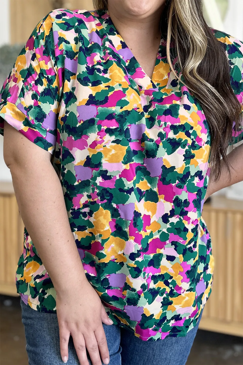 Full Size Printed V-Neck Short Sleeve Side Slit Top, image 13