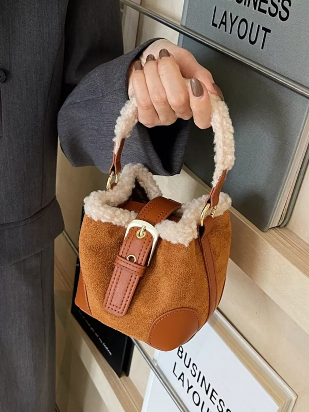 Fuzzy Trim Bucket Crossbody Bag, image 3