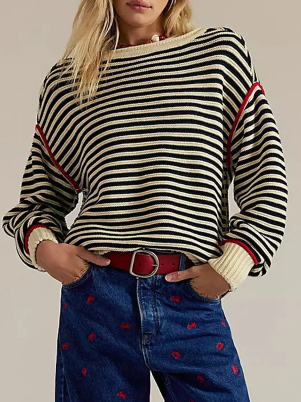 Striped Knit Round Neck Sweater, image 4