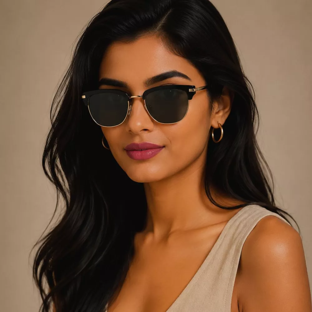 Classic Clubmaster Style Sunglasses with Gold Accents