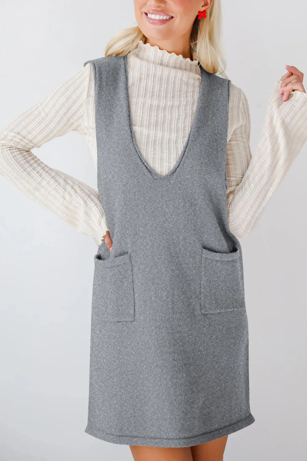 Pocketed V-Neck Mini Sweater Overall Dress, image 25