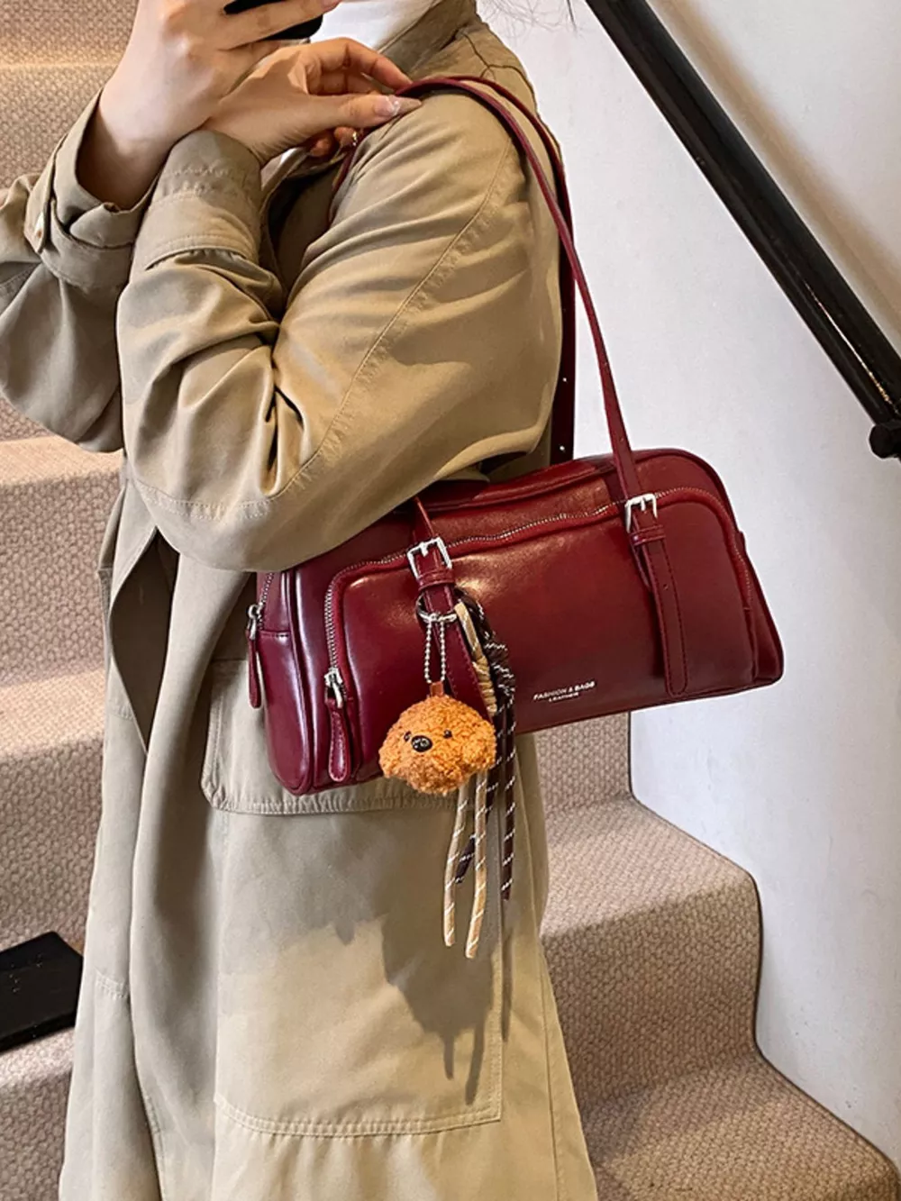 Vintage Style Leather Shoulder Bag with Charm, image 5
