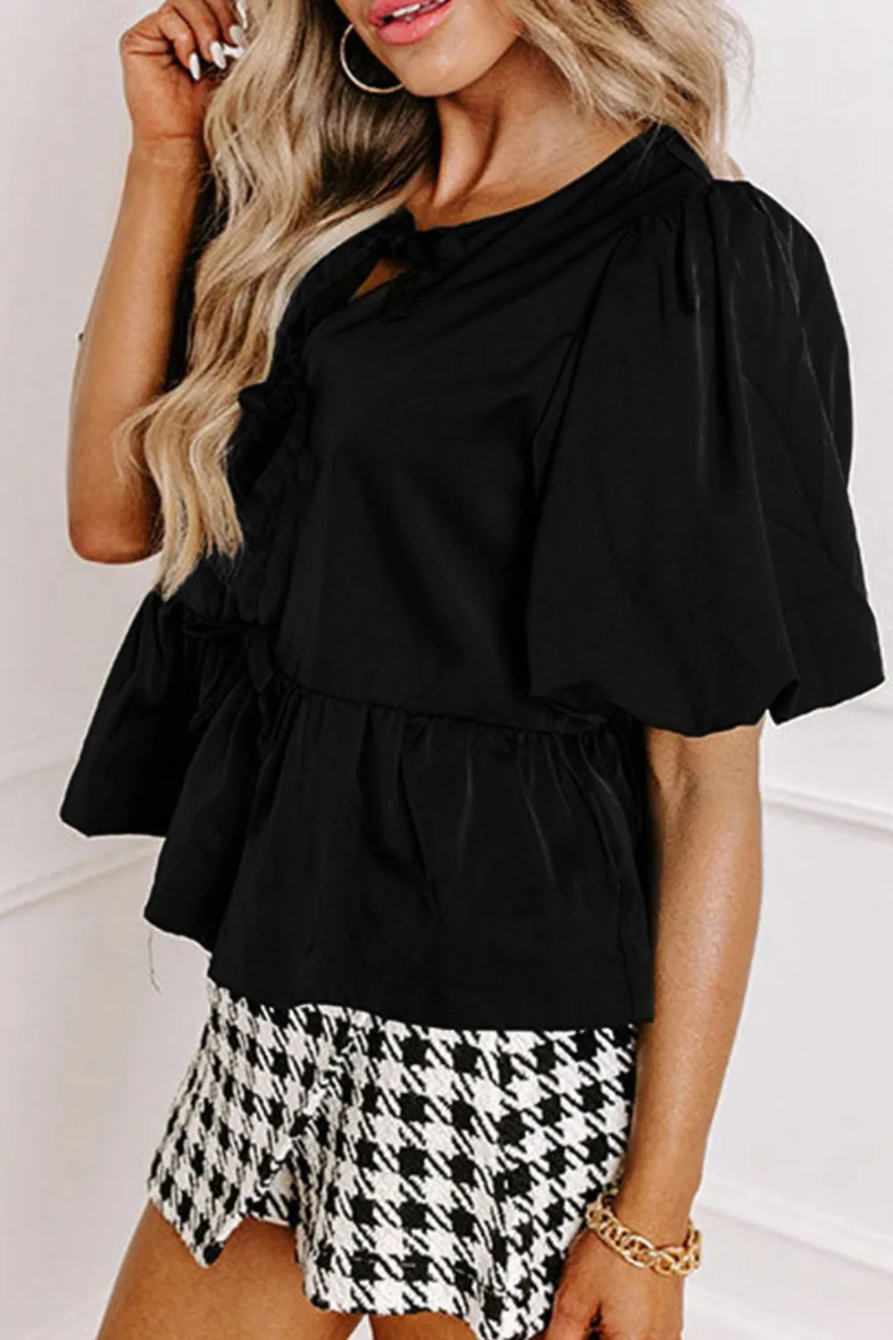 Cutout Round Neck Puff Sleeve Blouse, image 5