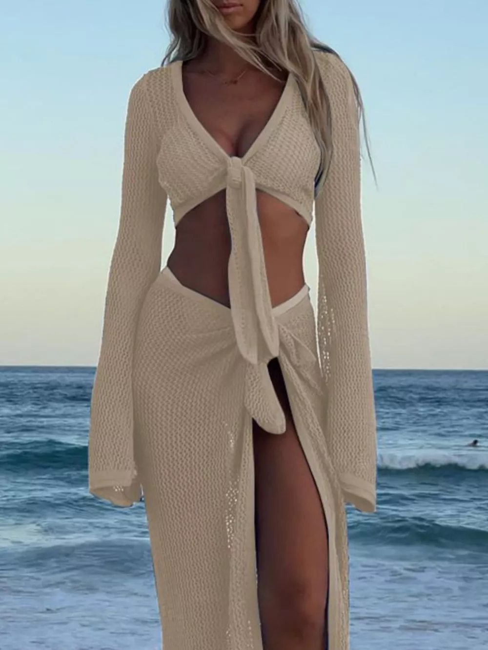 Crochet Knit Long Sleeve Crop Top and Slit Skirt Sweater Set, image 8