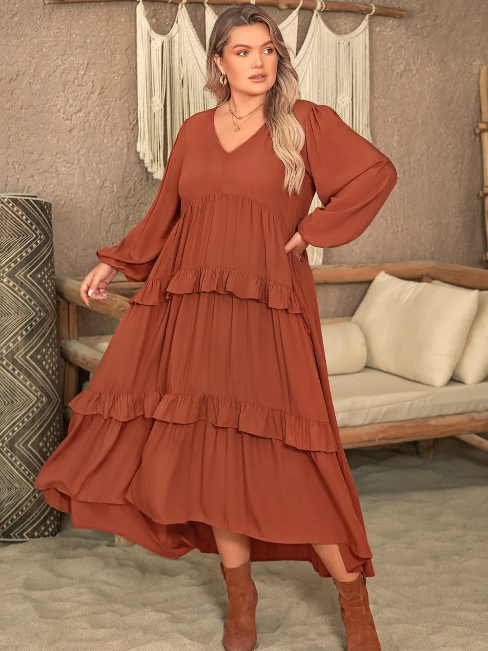 Plus Size Ruffled V-Neck Balloon Sleeve Dress, image 4