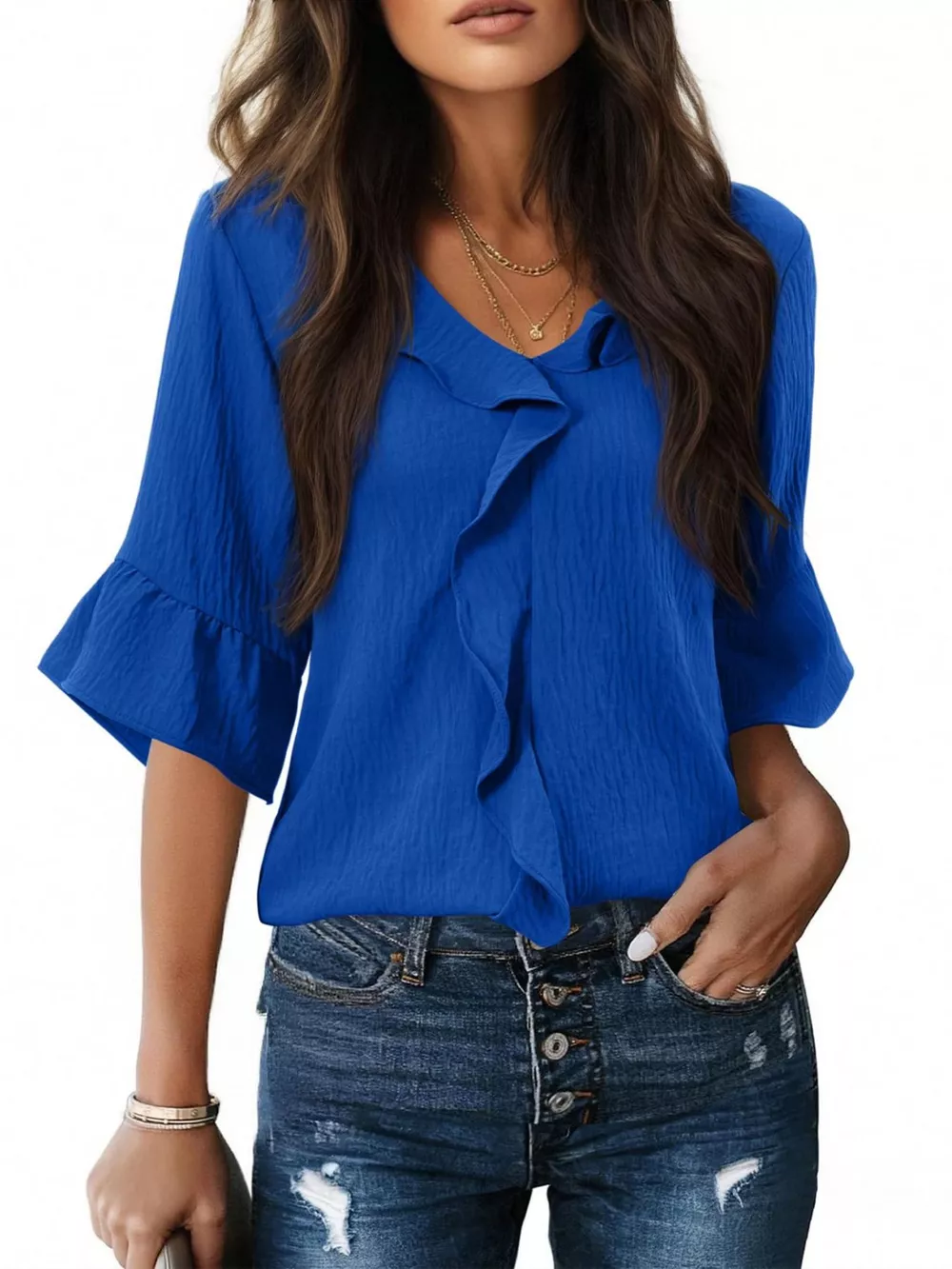 Ruffle Trim V-Neck Blouse, image 6