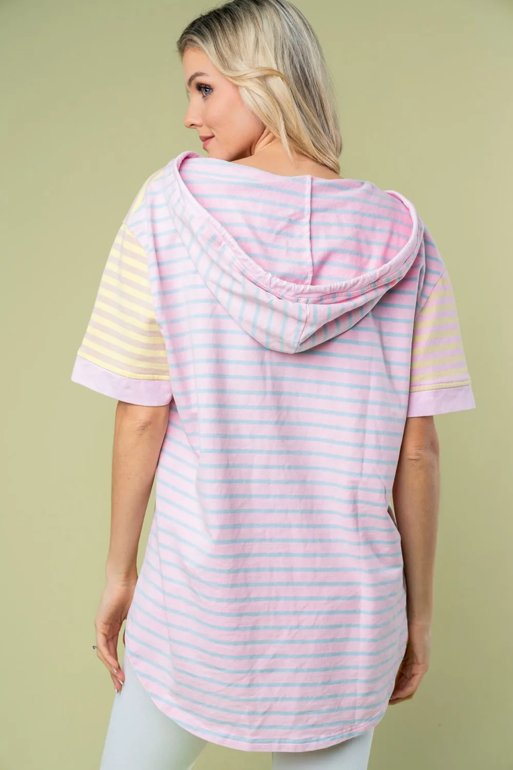Full Size Striped Short Sleeve Drawstring Hooded Top, image 5