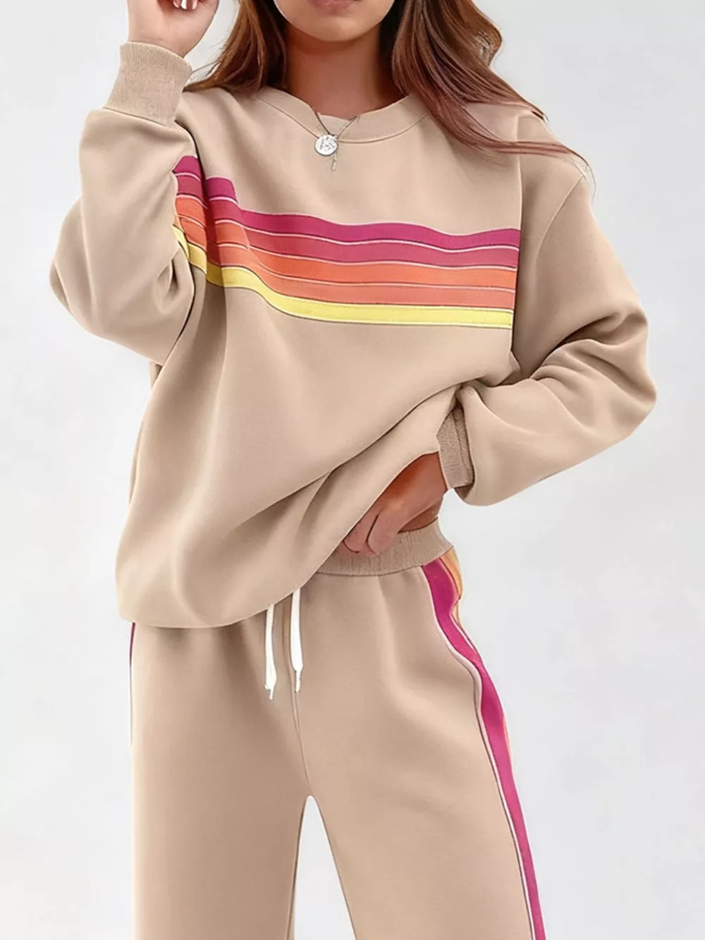 Striped Round Neck Sweatshirt and Pants Set, image 16