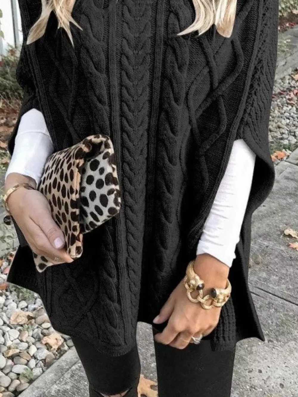 Chunky Cable Knit Turtleneck Poncho Cover Up, image 11