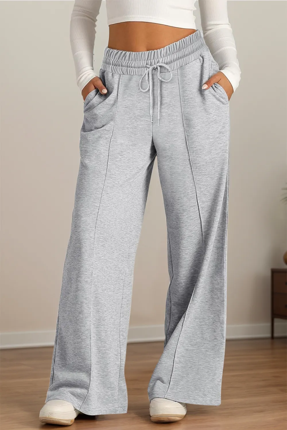 Drawstring Elastic Waist Wide Leg Pants, image 2