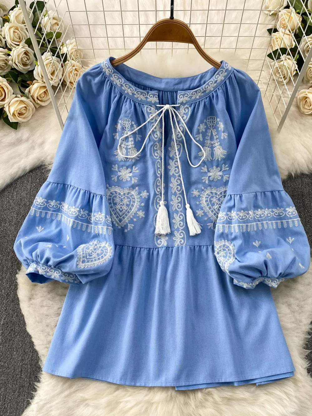 Embroidered Tie Neck Blouse, image 3
