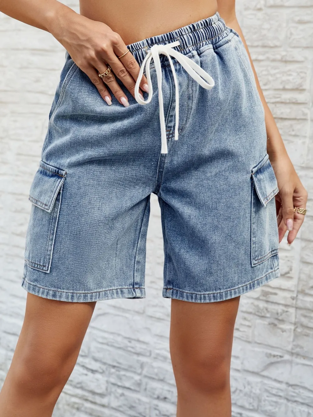 Drawstring Denim Shorts with Pockets, image 4