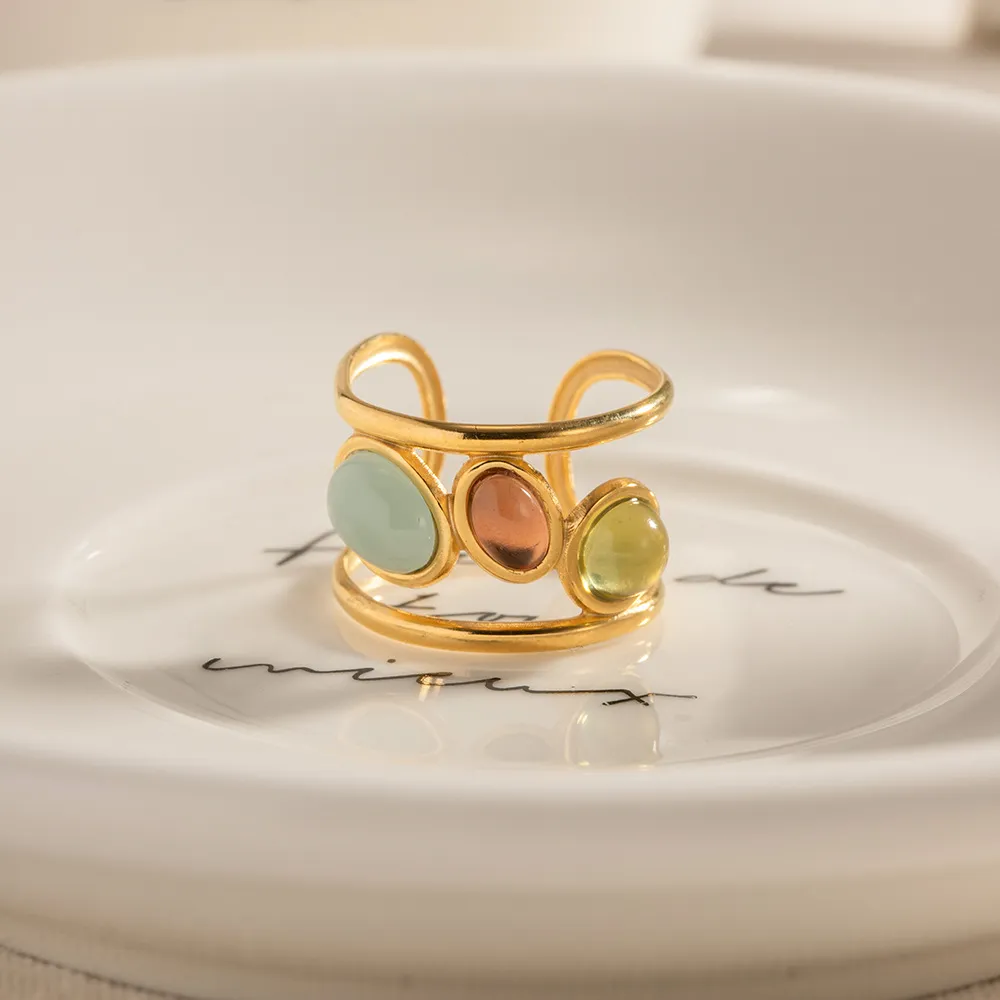 18K Gold-Plated Gemstone Open Cuff Ring, image 5