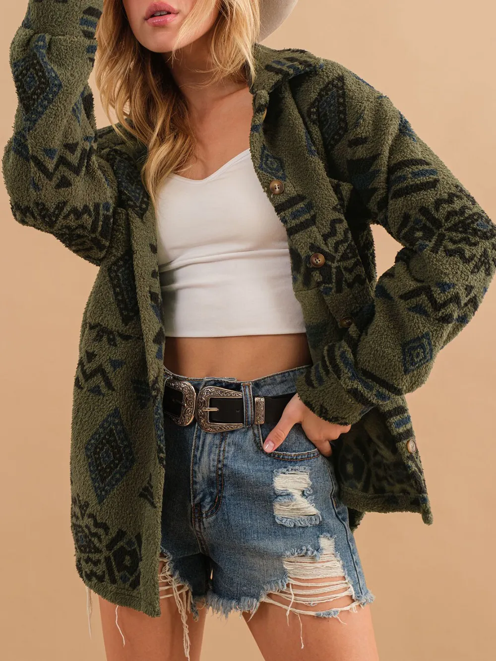 Geometric Button Up Long Sleeve Sherpa Jacket, image 8