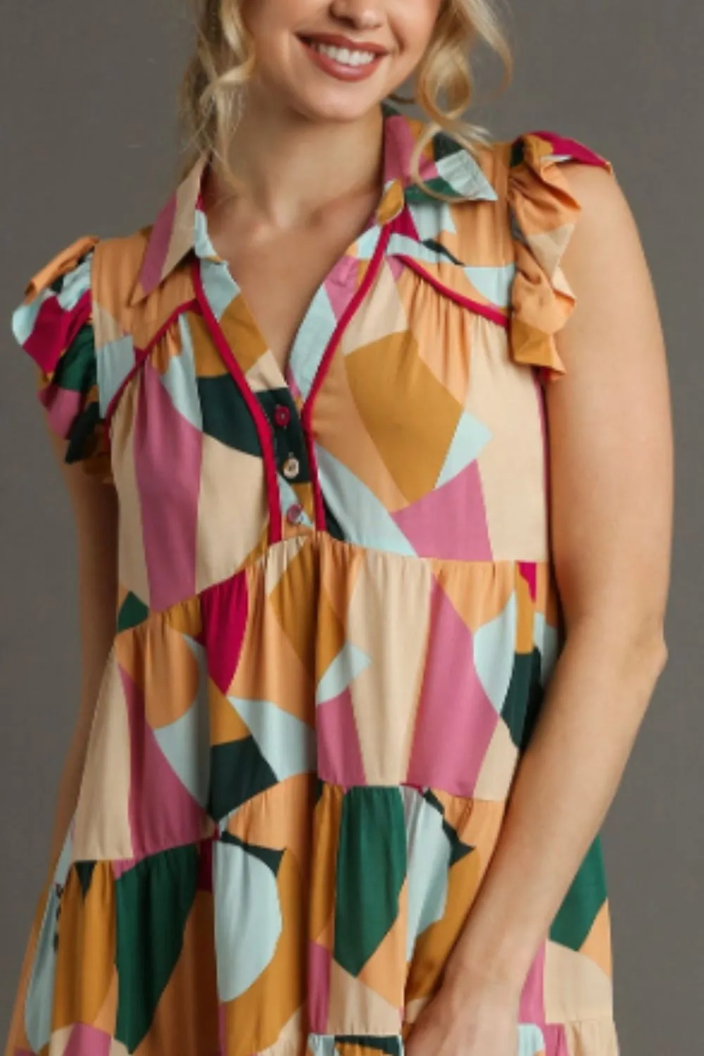 Full Size Button Detail Ruffle Sleeve Mini Dress Plus Size, image 3