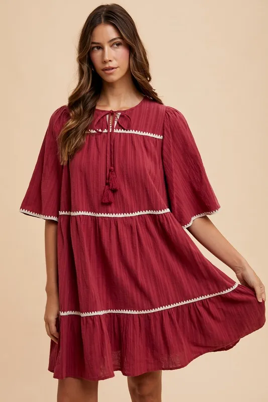 Tassel Contrast Trim Tie Neck Half Sleeve Tiered Dress, image 5