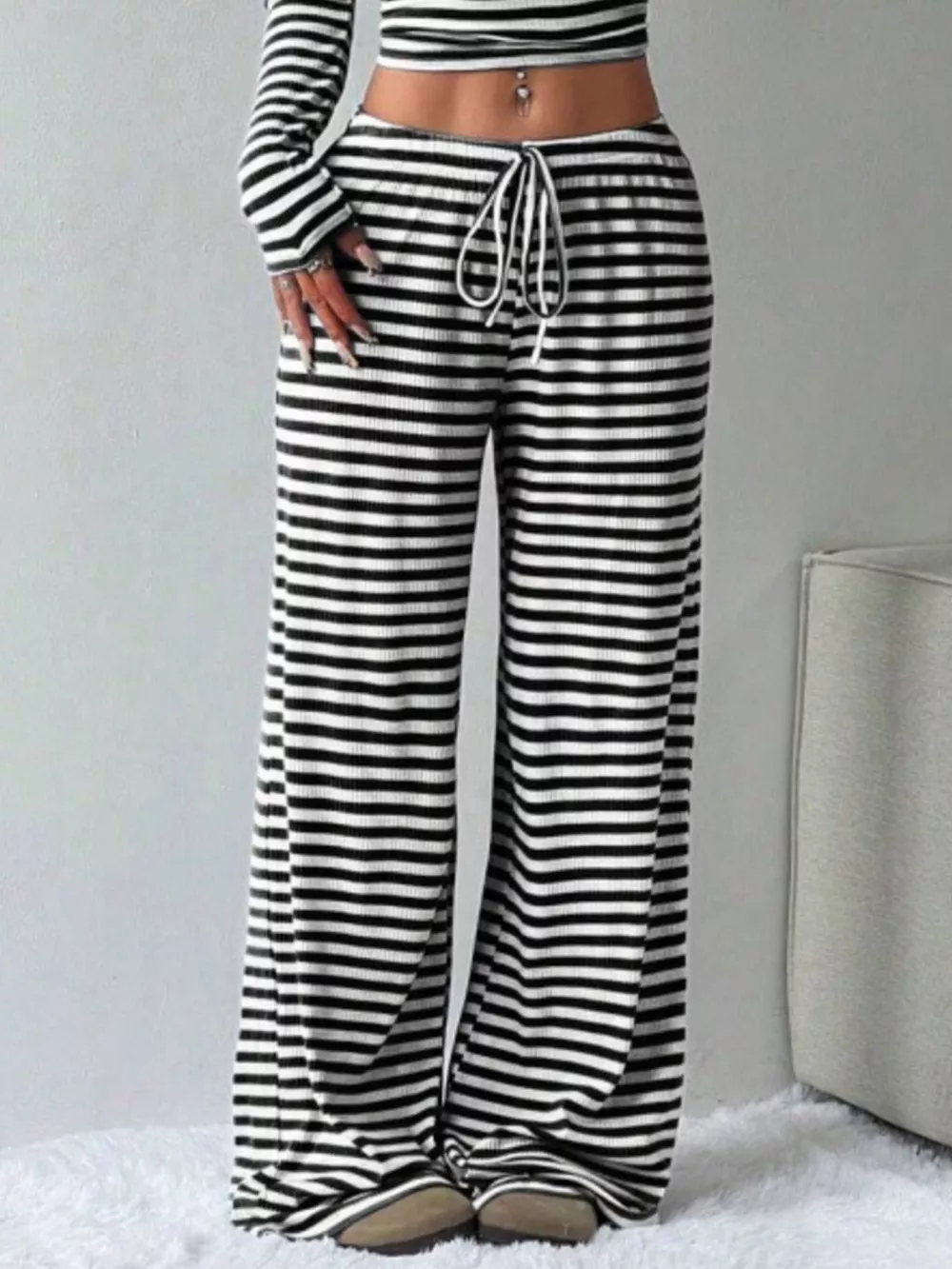 Striped Long Sleeve Crop Top and Wide Leg Pants Set, image 7