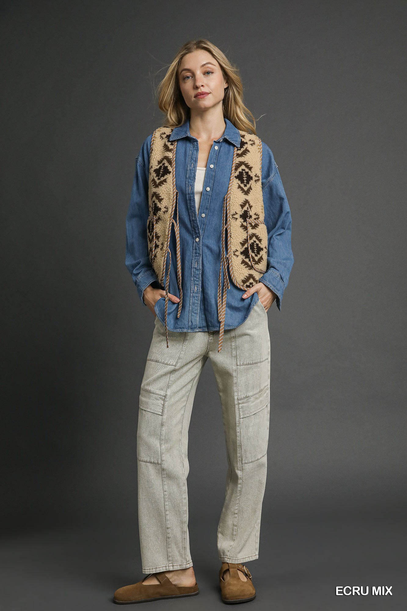 Mix Patterned Sherpa Tie-Front Vest, image 3