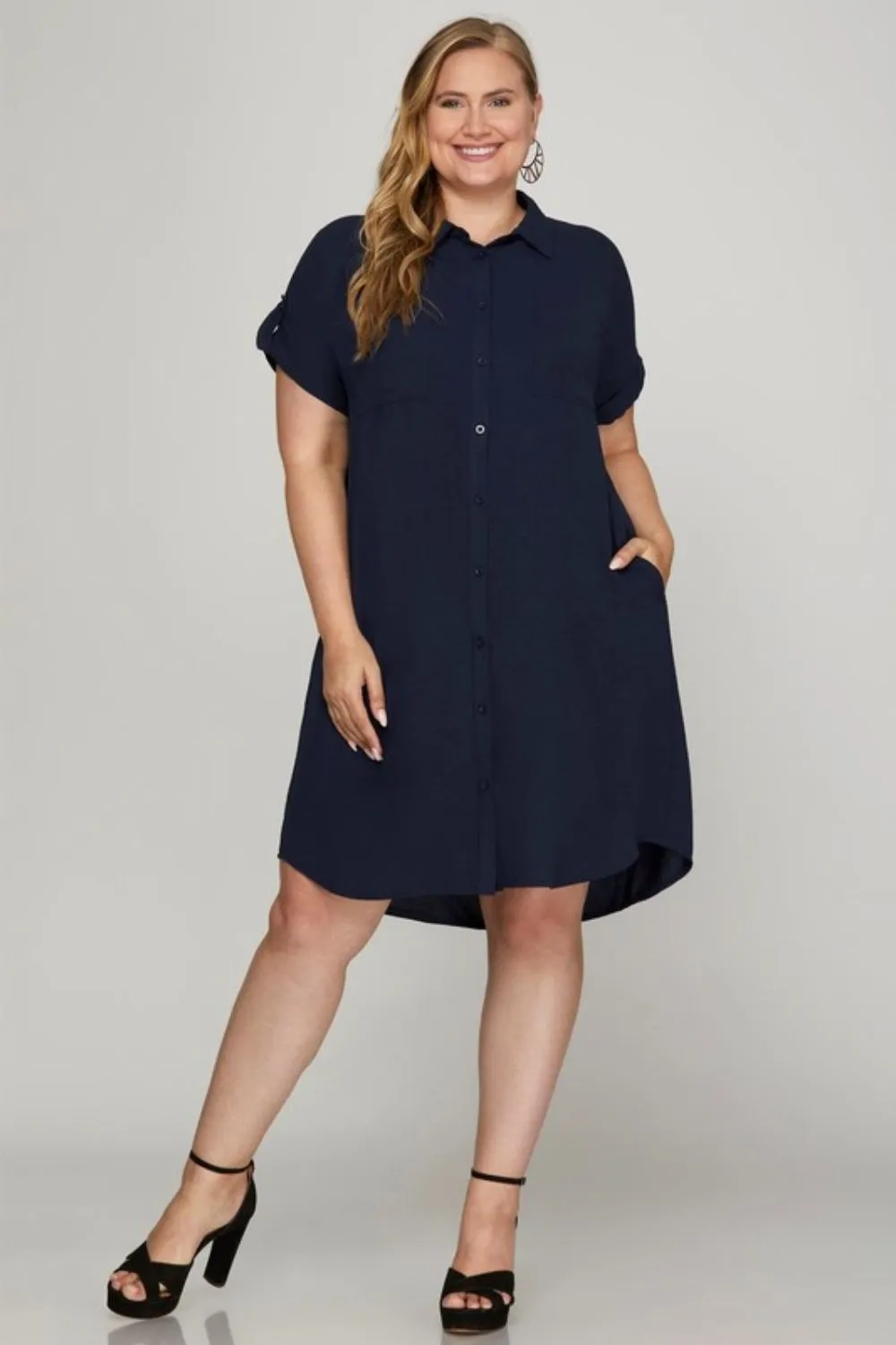 Full Size Button Down Short Sleeve Woven Shirt Dress Plus Size, image 3
