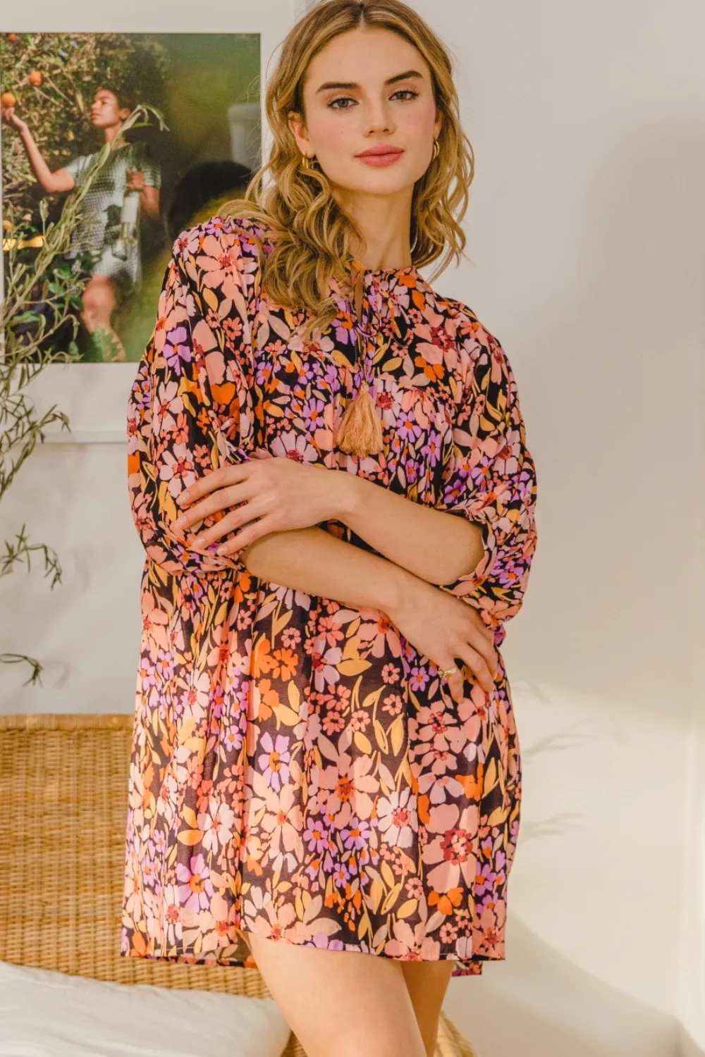 Full Size Floral Tied Neck Mini Dress