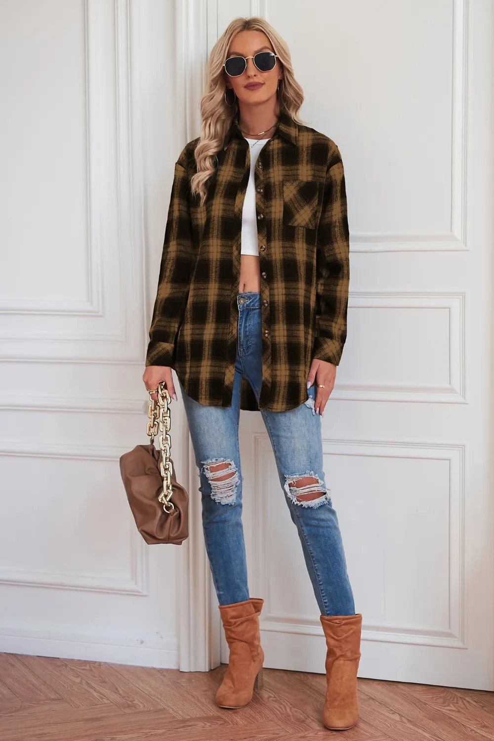 Plaid Button Up Dropped Shoulder Outerwear, image 22