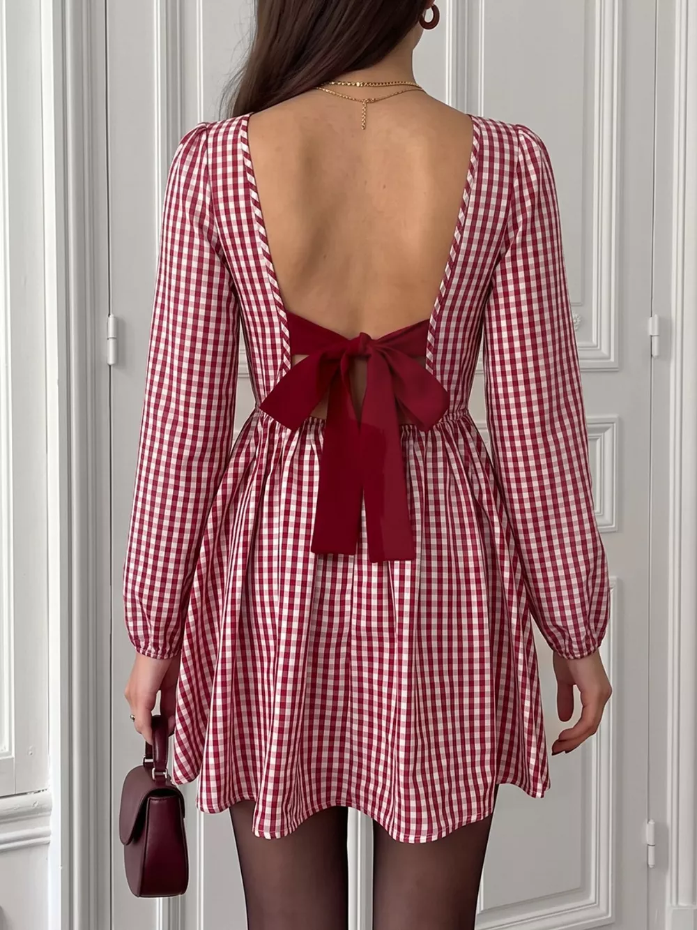 Backless Plaid Long Sleeve Dress, image 6