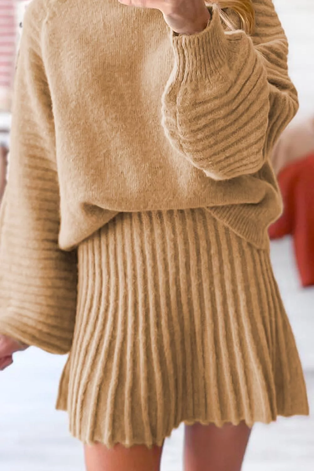 Ribbed Knit Long Sleeve Top and Skirt Sweater Set, image 3