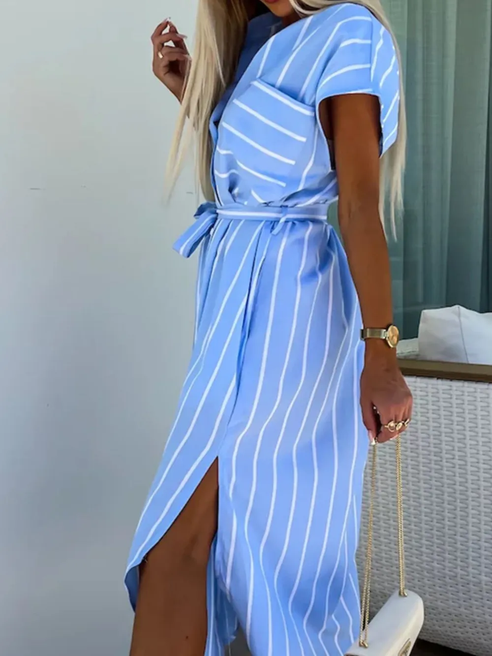 Striped Tie Waist Short Sleeve Dress, image 12